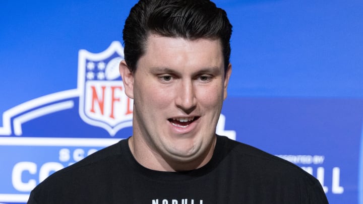 Mar 4, 2023; Indianapolis, IN, USA; Southern California offensive lineman Andrew Vorhees (OL47) speaks to the press at the NFL Combine at Lucas Oil Stadium. Mandatory Credit: Trevor Ruszkowski-USA TODAY Sports