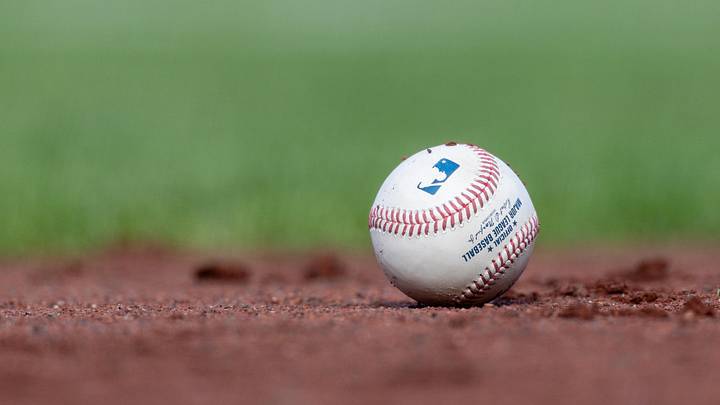 Jul 27, 2025; San Francisco, California, USA; A MLB baseball sits on the infield during the game between the San Francisco Giants and the New York Mets at Oracle Park. Mandatory Credit: Bob Kupbens-Imagn Images