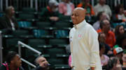 Jan 29, 2025; Coral Gables, Florida, USA; Miami Hurricanes interim head coach Bill Courtney reacts from the sideline against the Virginia Cavaliers during the second half at Watsco Center. Mandatory Credit: Sam Navarro-Imagn Images