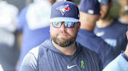 May 25, 2025; St. Petersburg, Florida, USA;  Toronto Blue Jays manager John Schneider (14) looks on against the Tampa Bay Rays during the second inning at George M. Steinbrenner Field. Mandatory Credit: Kim Klement Neitzel-Imagn Images