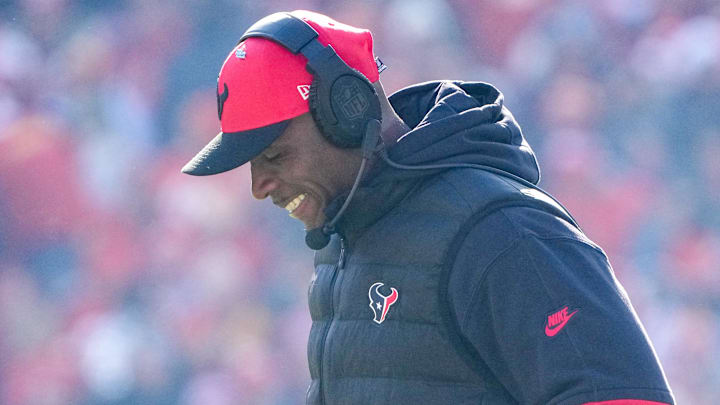Dec 21, 2024; Kansas City, Missouri, USA; Houston Texans head coach DeMeco Ryans returns to the sidelines against the Houston Texans during the first half at GEHA Field at Arrowhead Stadium. Mandatory Credit: Denny Medley-Imagn Images