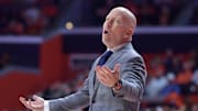 Feb 11, 2025; Champaign, Illinois, USA;  UCLA Bruins head coach Mick Cronin reacts during the first half against the Illinois Fighting Illini at State Farm Center. Mandatory Credit: Ron Johnson-Imagn Images