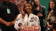 Chicago Sky forward Angel Reese poses for photos after the Sprite Jam Fest at Barclay's Center. 