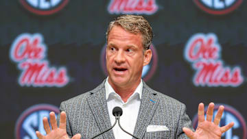 Jul 14, 2025; Atlanta, GA, USA; Ole Miss Rebels head coach Lane Kiffin speaks to the media during SEC Media Day at Omni Atlanta Hotel. Mandatory Credit: Jordan Godfree-Imagn Images
