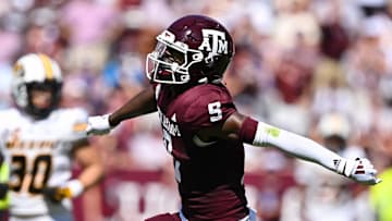 Oct 5, 2024; College Station, Texas, USA; Texas A&M Aggies wide receiver Jahdae Walker (9) reacts in the second quarter against the Missouri Tigers at Kyle Field. Mandatory Credit: Maria Lysaker-Imagn Images. 