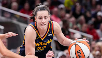 Indiana Fever guard Caitlin Clark (22) rushes up the court Sunday, Sept. 15, 2024, during the game at Gainbridge Fieldhouse in Indianapolis. The Indiana Fever defeated the Dallas Wings, 110-109.