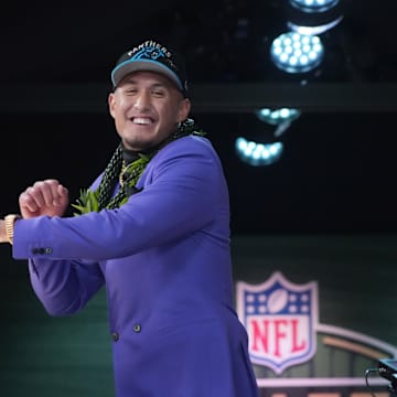 Apr 24, 2025; Green Bay, WI, USA; Arizona Wildcats wide receiver Tetairoa McMillan is selected by the Carolina Panthers as the number eight pick in the first round of the 2025 NFL Draft at Lambeau Field. 