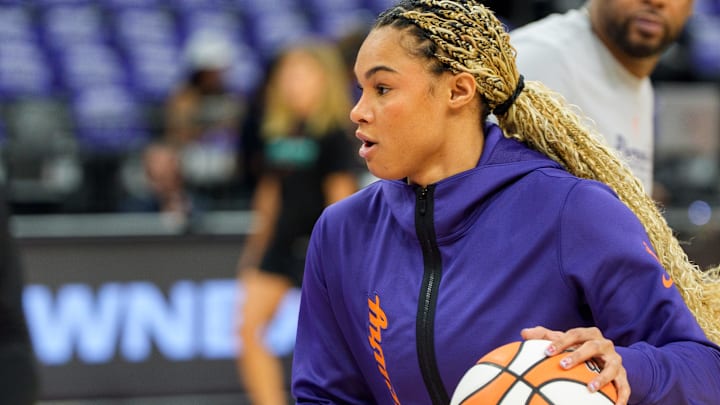 Sep 14, 2025; Phoenix, Arizona, USA; Phoenix Mercury forward Satou Sabally (0) shoots around during warmups before a game against the New York Liberty for game one of the 2025 WNBA Playoffs round one at PHX Arena. Mandatory Credit: Allan Henry-Imagn Images Sep 14, 2025; Phoenix, Arizona, USA; Phoenix Mercury forward Satou Sabally (0) shoots around during warmups before a game against the New York Liberty for game one of the 2025 WNBA Playoffs round one at PHX Arena. Mandatory Credit: Allan Henry-Imagn Images