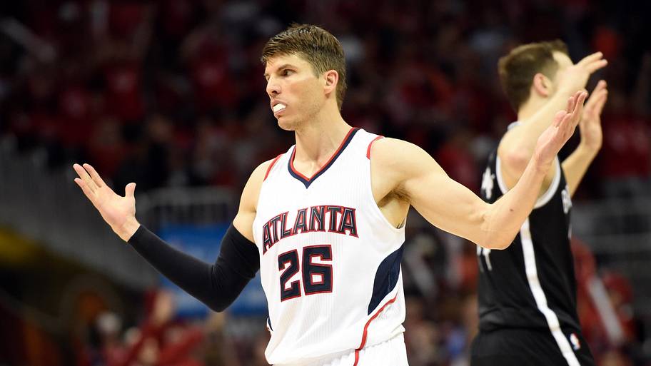 Atlanta Hawks guard Kyle Korver reacts after making a three point shot against the Brooklyn Nets.
