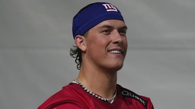 Eat Rutherford, NJ -- May 9, 2025 -- Jaxson Dart waits to talk to the media following practice at Giants Rookie Minicamp