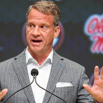 Jul 14, 2025; Atlanta, GA, USA; Ole Miss Rebels head coach Lane Kiffin speaks to the media during SEC Media Day at Omni Atlanta Hotel. Mandatory Credit: Jordan Godfree-Imagn Images