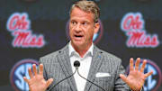 Jul 14, 2025; Atlanta, GA, USA; Ole Miss Rebels head coach Lane Kiffin speaks to the media during SEC Media Day at Omni Atlanta Hotel. Mandatory Credit: Jordan Godfree-Imagn Images