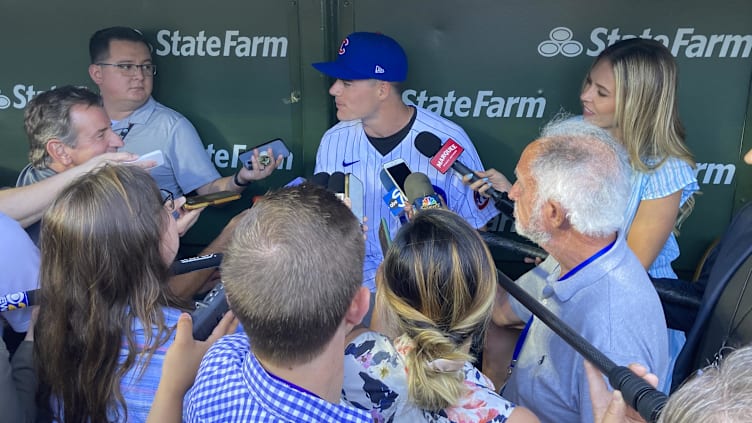 Jul 17, 2023; Chicago, Illinois, USA;  Chicago Cubs Draft pic Matt Shaw speaks with reporters before