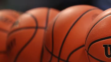 Mar 31, 2025; Brooklyn, New York, USA; A general view of McDonald’s All American Games basketballs during the Sprite Jam Fest at Barclay's Center. Mandatory Credit: Pamela Smith-Imagn Images