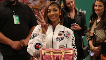 Chicago Sky forward Angel Reese poses for photos after the Sprite Jam Fest at Barclay's Center. 