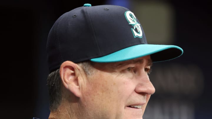 Seattle Mariners manager Scott Servais (9) looks on against the Tampa Bay Rays during the third inning at Tropicana Field in 2024.