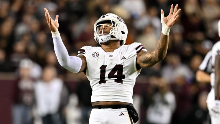 Nov 11, 2023; College Station, Texas, USA; Mississippi State Bulldogs linebacker Nathaniel Watson (14) reacts during the first quarter against the Texas A&M Aggies at Kyle Field. Mandatory Credit: Maria Lysaker-USA TODAY Sports