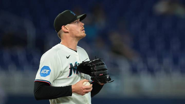 Apr 22, 2026; Miami, Florida, USA; Miami Marlins pitcher Pete Fairbanks (29) looks on against the St. Louis Cardinals during the ninth inning at loanDepot Park. Mandatory Credit: Sam Navarro-Imagn Images