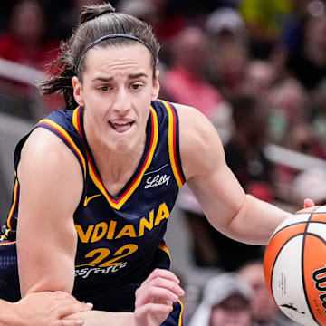 Indiana Fever guard Caitlin Clark (22) rushes up the court Sunday, Sept. 15, 2024, during the game at Gainbridge Fieldhouse in Indianapolis. The Indiana Fever defeated the Dallas Wings, 110-109.