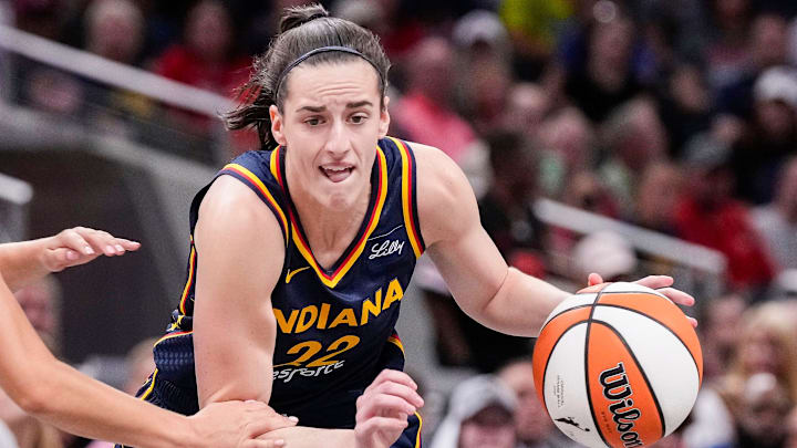 Indiana Fever guard Caitlin Clark (22) rushes up the court Sunday, Sept. 15, 2024, during the game at Gainbridge Fieldhouse in Indianapolis. The Indiana Fever defeated the Dallas Wings, 110-109.