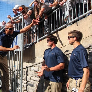 Penn State Nittany Lions head coach James Franklin celebrates with the students following a win at Beaver Stadium. 