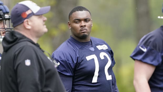 Chicago Bears offensive lineman Kiran Amegadjie during Chicago Bears rookie minicamp at Halas Hall.