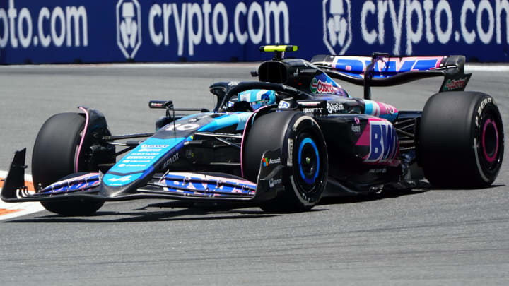 May 3, 2024; Miami Gardens, Florida, USA; Alpine driver Pierre Gasley (10) races into turn one during F1 practice at Miami International Autodrome. Mandatory Credit: John David Mercer-USA TODAY Sports