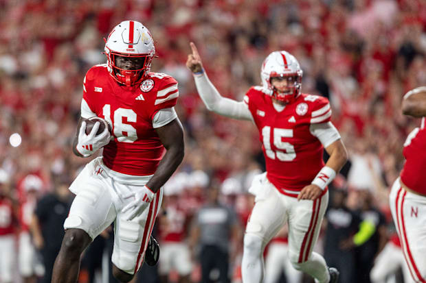 Nebraska wide receiver Janiran Bonner runs in a 1-yard touchdown catch against Illinois.
