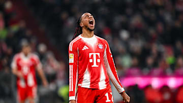 Michael Olise celebrating after Bayern Munich clinched 6-2 win against Freiburg.