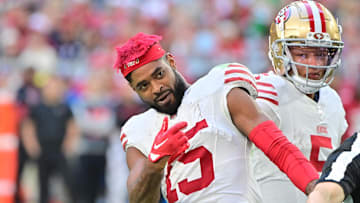 Jan 5, 2025; Glendale, Arizona, USA; San Francisco 49ers wide receiver Jauan Jennings (15) reacts in the first half prior to being ejected from the game against the Arizona Cardinals at State Farm Stadium. Mandatory Credit: Matt Kartozian-Imagn Images