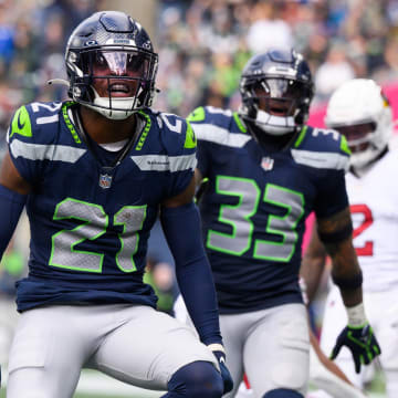 Oct 22, 2023; Seattle, Washington, USA; Seattle Seahawks cornerback Devon Witherspoon (21) celebrates after the defense made a play against the Arizona Cardinals during the second half at Lumen Field.