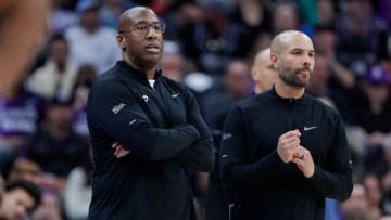 Mar 25, 2024; Sacramento, California, USA; Sacramento Kings head coach Mike Brown reacts after getting called for a technical foul during the first quarter against the Philadelphia 76ers at Golden 1 Center. Mandatory Credit: Sergio Estrada-USA TODAY Sports