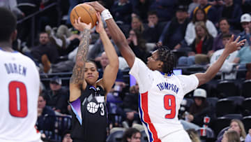 Mar 3, 2025; Salt Lake City, Utah, USA; Utah Jazz guard Keyonte George (3) has a shot blocked by Detroit Pistons forward Ausar Thompson (9) : Rob Gray-Imagn Images