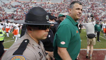 Oct 15, 2022; Blacksburg, Virginia, USA;  Miami Hurricanes head coach Mario Cristobal leaves the field after the game against the Virginia Tech Hokies at Lane Stadium. Mandatory Credit: Reinhold Matay-USA TODAY Sports