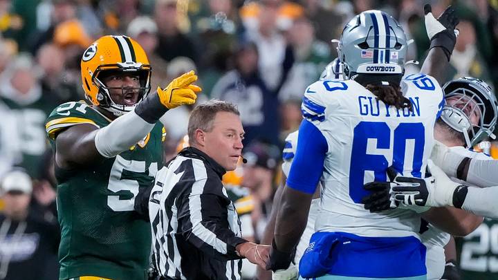 Green Bay Packers defensive end Dani Dennis-Sutton (51) gestures at Dallas Cowboys offensive tackle Tyler Guyton (60) on Sunday, Oct. 18, 2026, at Lambeau Field in Green Bay, Wisconsin. Dennis-Sutton was assessed a personal foul penalty on the play as the Packers won the game, 23-13.
Tork Mason/Green Bay Press-Gazette