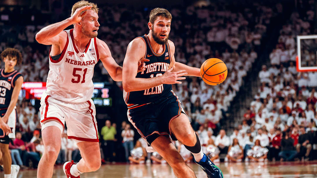 Illinois center Tomislav Ivisic drives on Nebraska center Rienk Mast in the Illini's 78-69 win over the Cornhuskers last Sunday at Pinnacle Bank Arena in Lincoln, Nebraska.
