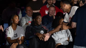 Recruit Sam Funches shares a moment with Gonzaga assistant coach Rjay Barsh during his visit to Kraziness in the Kennel at the McCarthey Athletic Center.