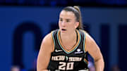 Aug 8, 2025; Arlington, Texas, USA; New York Liberty guard Sabrina Ionescu (20) in action during the game between the Dallas Wings and the New York Liberty at College Park Center. Mandatory Credit: Jerome Miron-Imagn Images