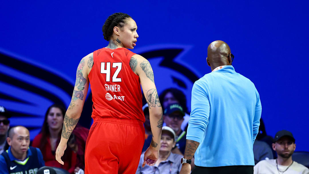 Jul 30, 2025; Arlington, Texas, USA; Atlanta Dream center Brittney Griner (42) reacts after being ejected against the Dallas Wings during the second half at College Park Center. Mandatory Credit: Kevin Jairaj-Imagn Images