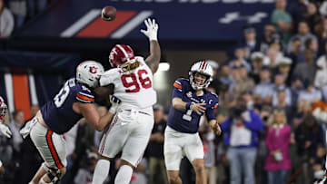 Nov 25, 2023; Auburn, Alabama, USA; Auburn Tigers quarterback Payton Thorne (1) throws a pass in the third quarter against the Alabama Crimson Tide at Jordan-Hare Stadium. Mandatory Credit: John Reed-Imagn Images
