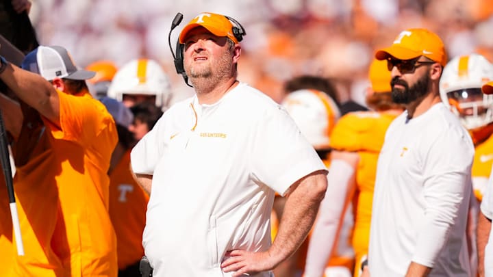 Tennessee coach Josh Heupel during a college football game between Tennessee and Mississippi State at Davis Wade Stadium in Starkville, Miss., on Sept. 27, 2025.