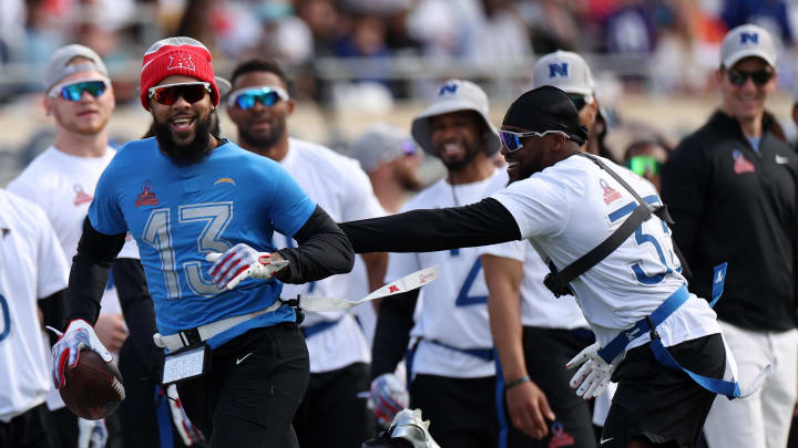 Feb 4, 2024; Orlando, FL, USA; AFC wide receiver Keenan Allen (13) of the Los Angeles Chargers makes a catch during the 2024 Pro Bowl at Camping World Stadium. Mandatory Credit: Nathan Ray Seebeck-USA TODAY Sports