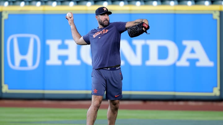 May 20, 2024; Houston, Texas, USA; Houston Astros starting pitcher Justin Verlander (35) works out prior to the game against the Los Angeles Angels at Minute Maid Park. 