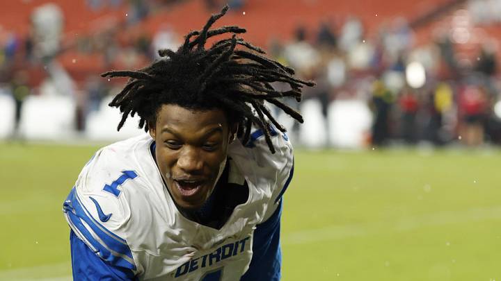 Nov 9, 2025; Landover, Maryland, USA; Detroit Lions wide receiver Jameson Williams (1) while leaving the field after the Lions' game against the Washington Commanders at Northwest Stadium. Mandatory Credit: Geoff Burke-Imagn Images