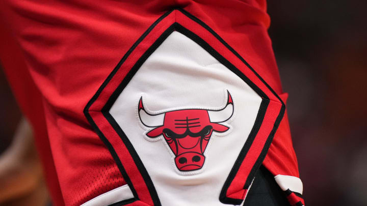 Dec 16, 2023; Miami, Florida, USA; A detailed view of the Chicago Bulls logo on the shorts of Chicago Bulls guard Ayo Dosunmu (12) during the first half against the Miami Heat at Kaseya Center. Mandatory Credit: Jasen Vinlove-USA TODAY Sports