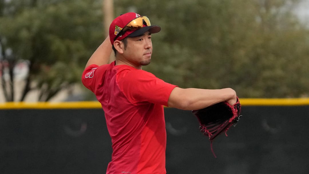 Feb 16, 2026; Tempe, AZ, USA; Los Angeles Angels pitcher Yusei Kikuchi (16) runs through drills during spring training camp. Mandatory Credit: Rick Scuteri-Imagn Images Feb 16, 2026; Tempe, AZ, USA; Los Angeles Angels pitcher Yusei Kikuchi (16) runs through drills during spring training camp. Mandatory Credit: Rick Scuteri-Imagn Images