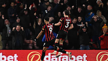 Dominic Solanke and Milos Kerkez in action for AFC Bournemouth last season 