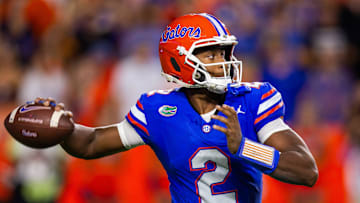 Florida Gators quarterback DJ Lagway (2) looks to pass during the first half at Ben Hill Griffin Stadium in Gainesville, FL on Saturday, October 19, 2024 against the Kentucky Wildcats. [Doug Engle/Gainesville Sun]
