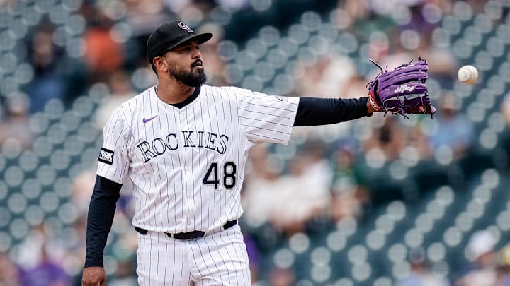 Jul 20, 2025; Denver, Colorado, USA; Colorado Rockies starting pitcher German Marquez (48) on the mound in the first inning against the Minnesota Twins at Coors Field.