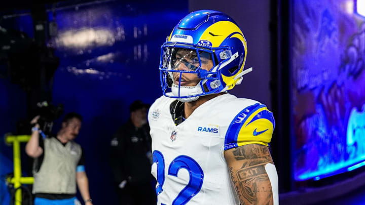 Los Angeles Rams running back Blake Corum (22) takes the field for warm up against Detroit Lions at Ford Field in Detroit on Sunday, September 8, 2024. Los Angeles Rams running back Blake Corum (22) takes the field for warm up against Detroit Lions at Ford Field in Detroit on Sunday, September 8, 2024.